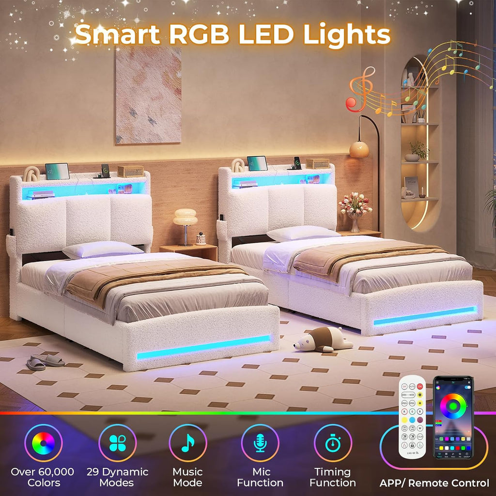 Off‑White Boucle LED Storage Twin Bed