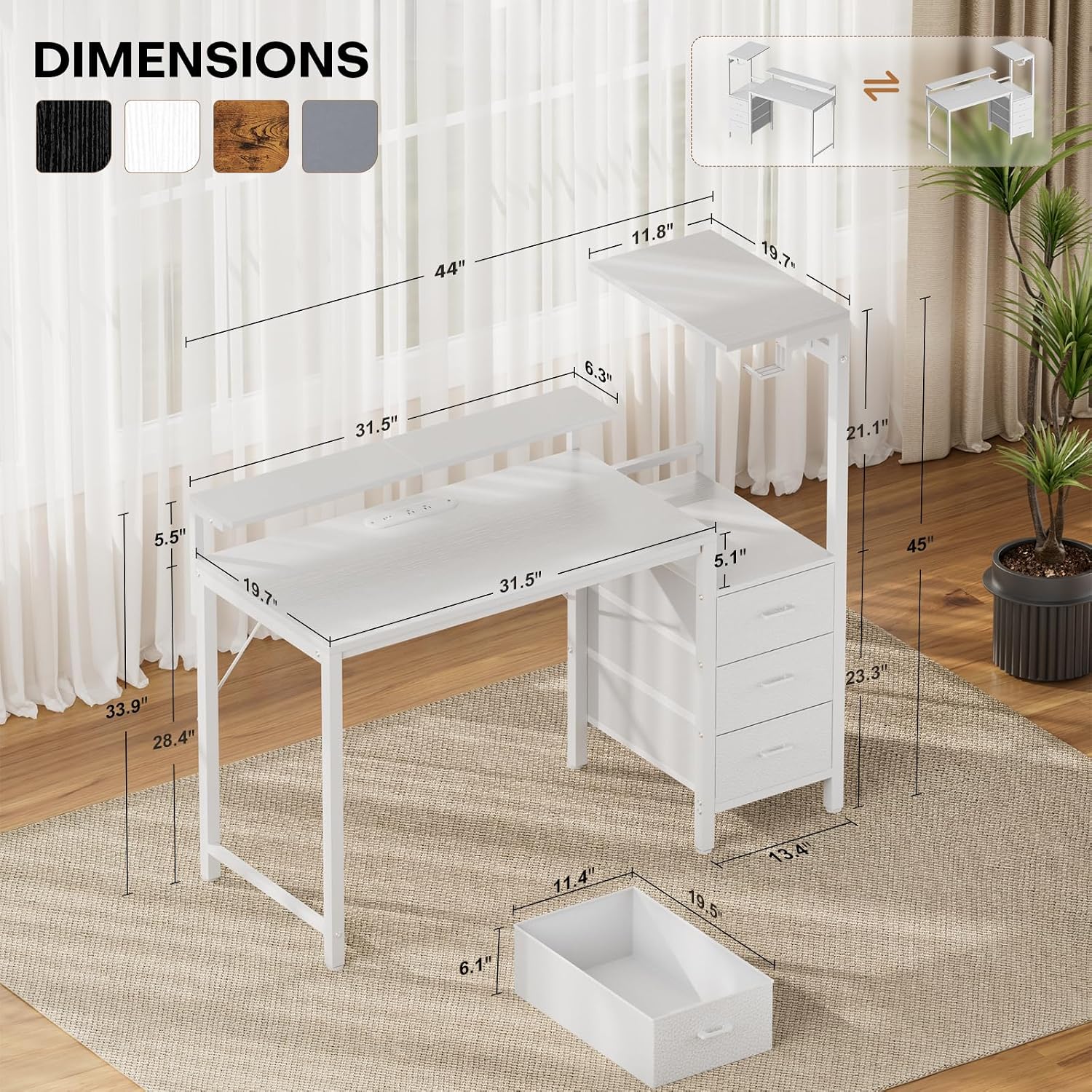 White Gaming Desk with LED, Power Outlets & Drawers