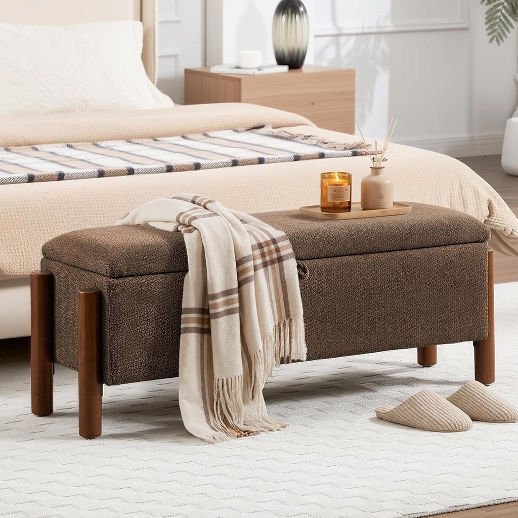 Brown Fabric Storage Ottoman Bench with Walnut Legs