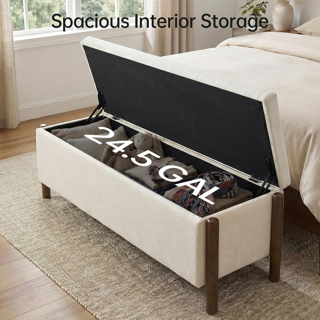 Beige Fabric Upholstered Storage Ottoman Bench