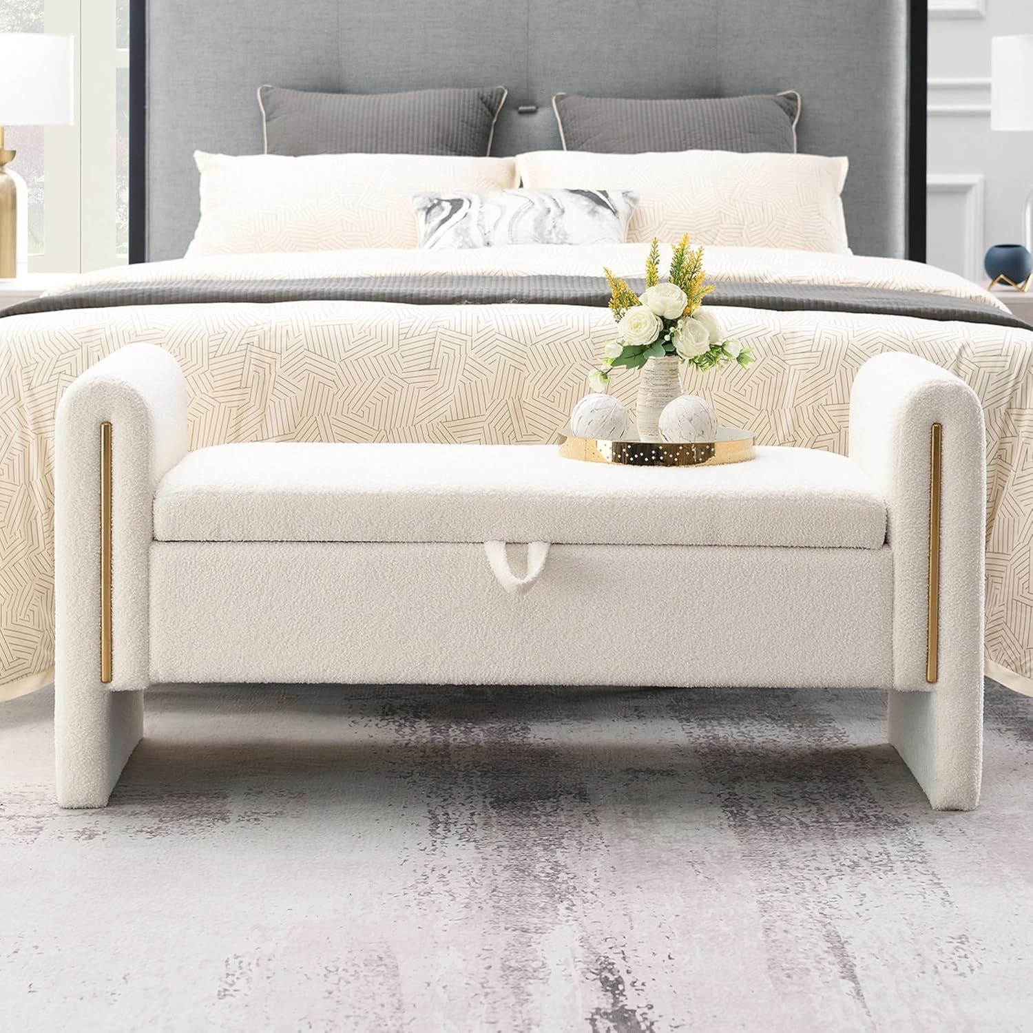 White Teddy Fabric Storage Ottoman Bench
