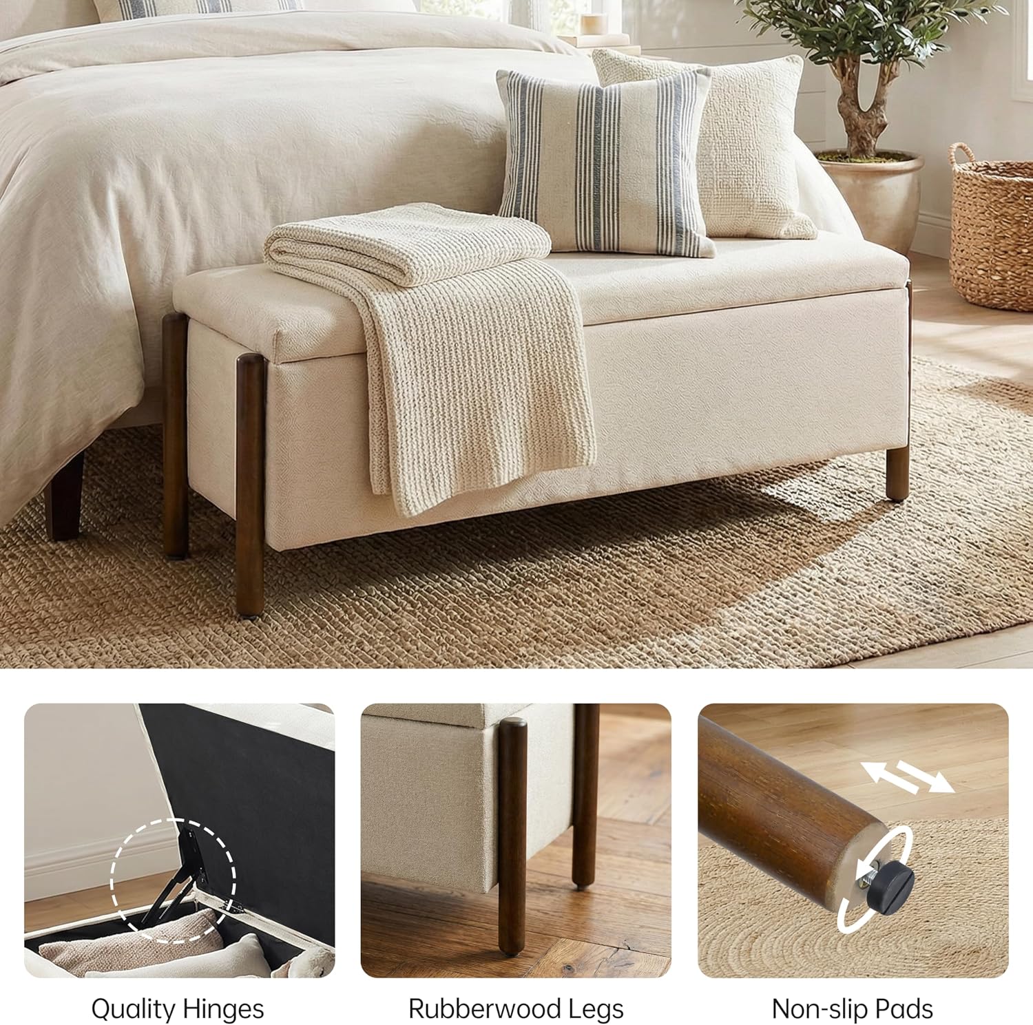 Beige Fabric Upholstered Storage Ottoman Bench