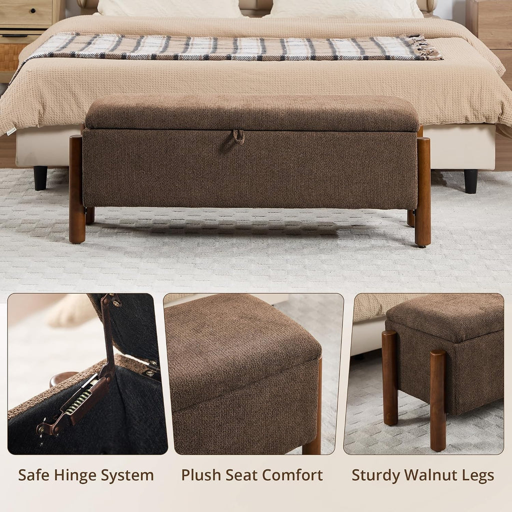 Brown Fabric Storage Ottoman Bench with Walnut Legs