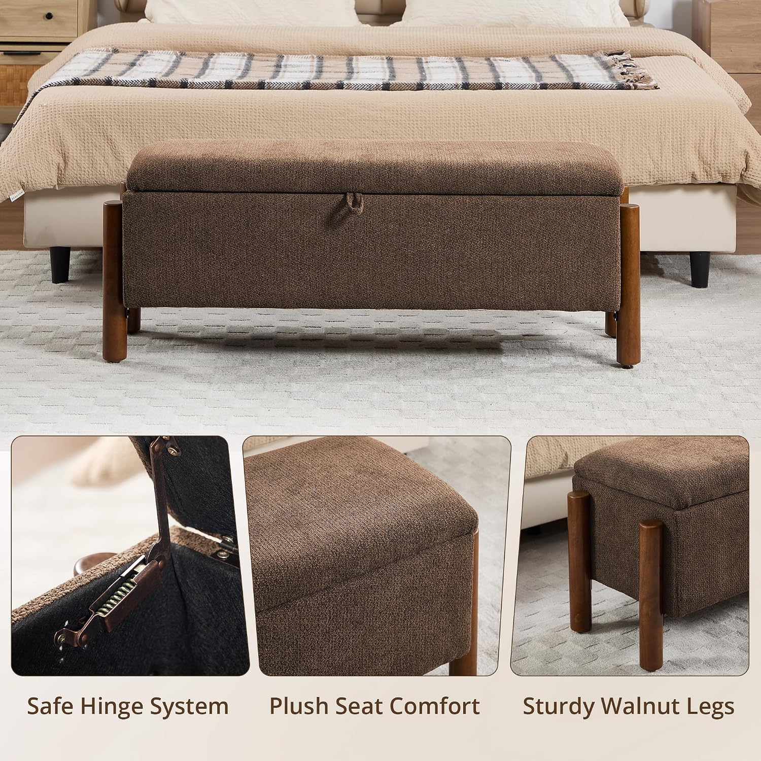 Brown Fabric Storage Ottoman Bench with Walnut Legs