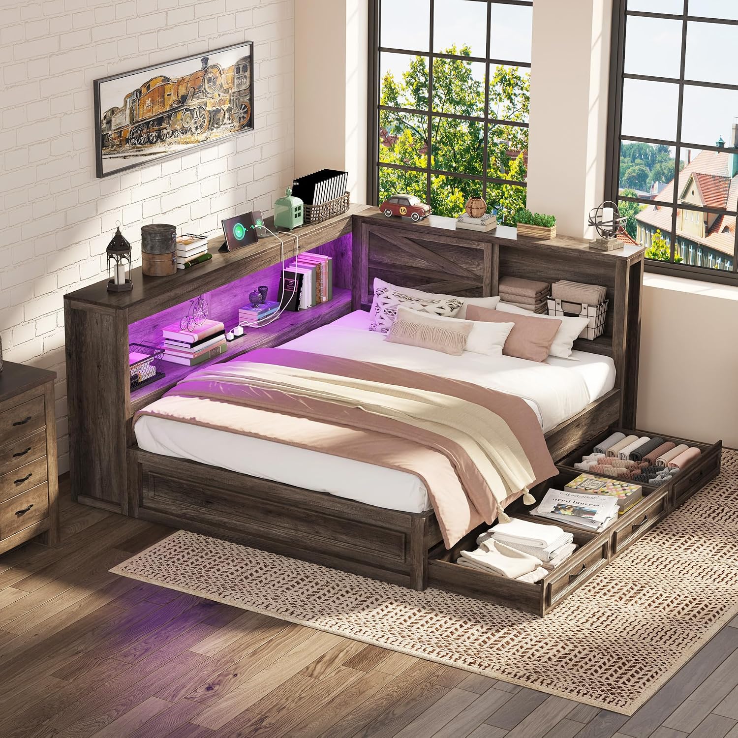 Gray Corner Bed Frame with Bookcase, Drawers & RGB LED Lights