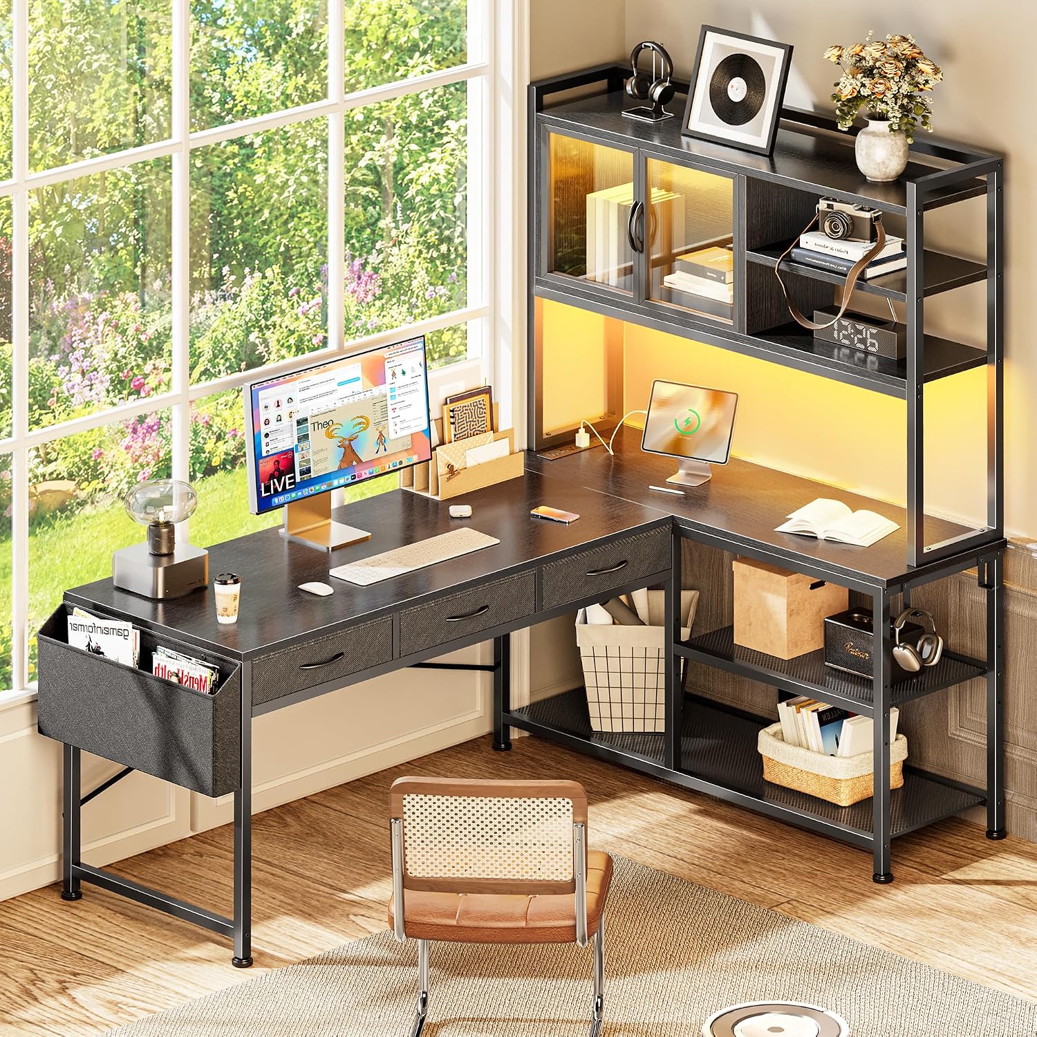 Black L‑Shaped Gaming Desk with LED, Power Outlets & USB‑C Port