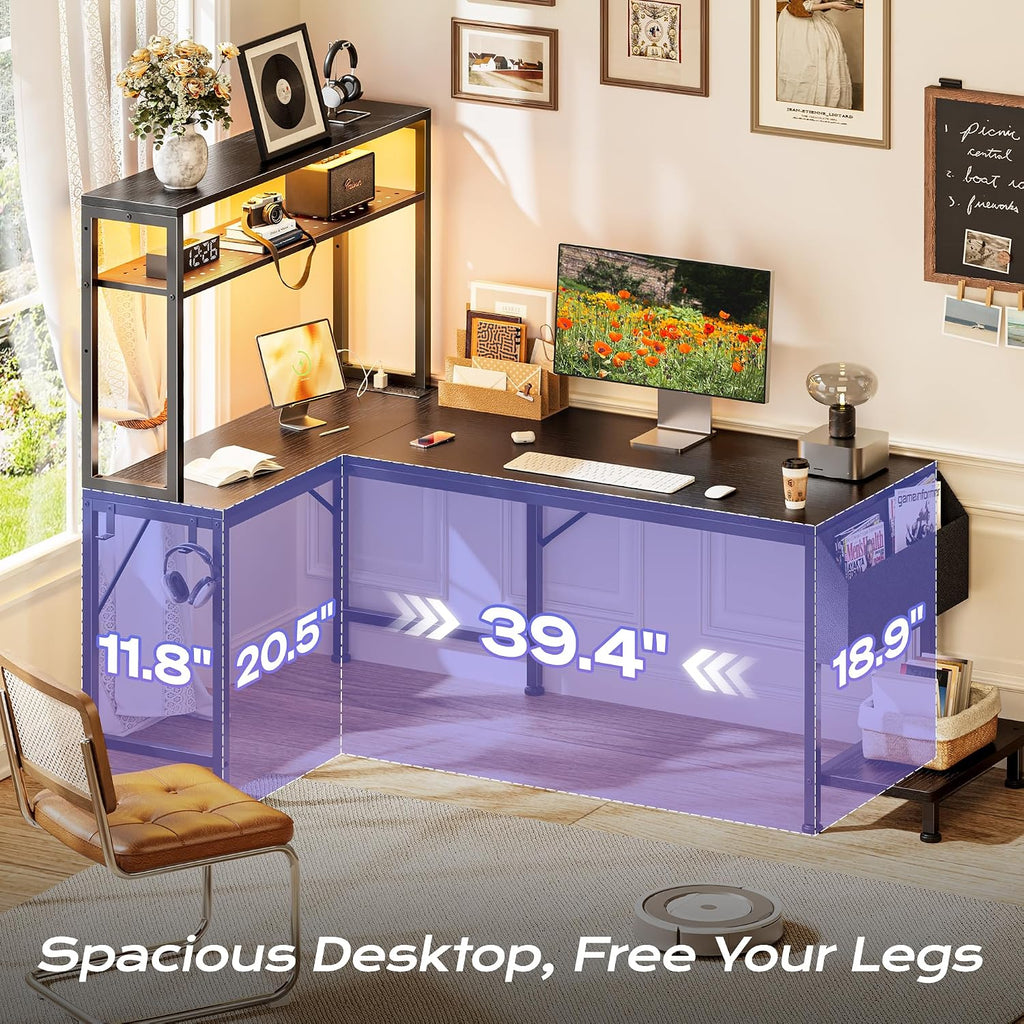 Black L‑Shaped Gaming Desk with LED & Power Outlets