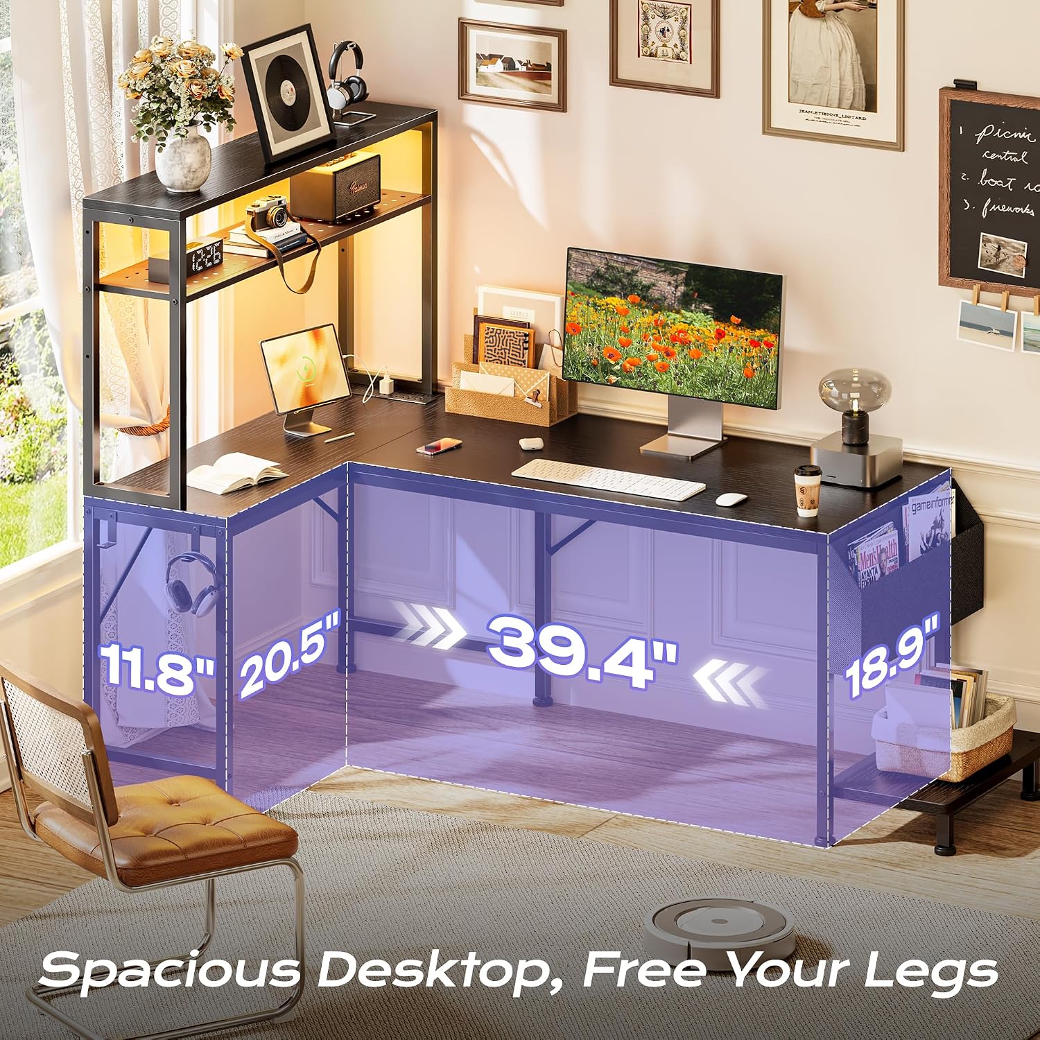 Black L‑Shaped Gaming Desk with LED & Power Outlets
