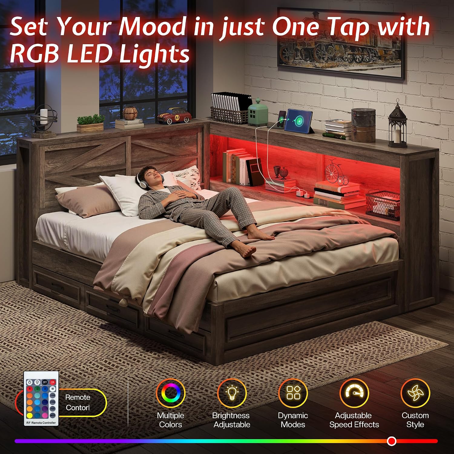 Gray Corner Bed Frame with Bookcase, Drawers & RGB LED Lights