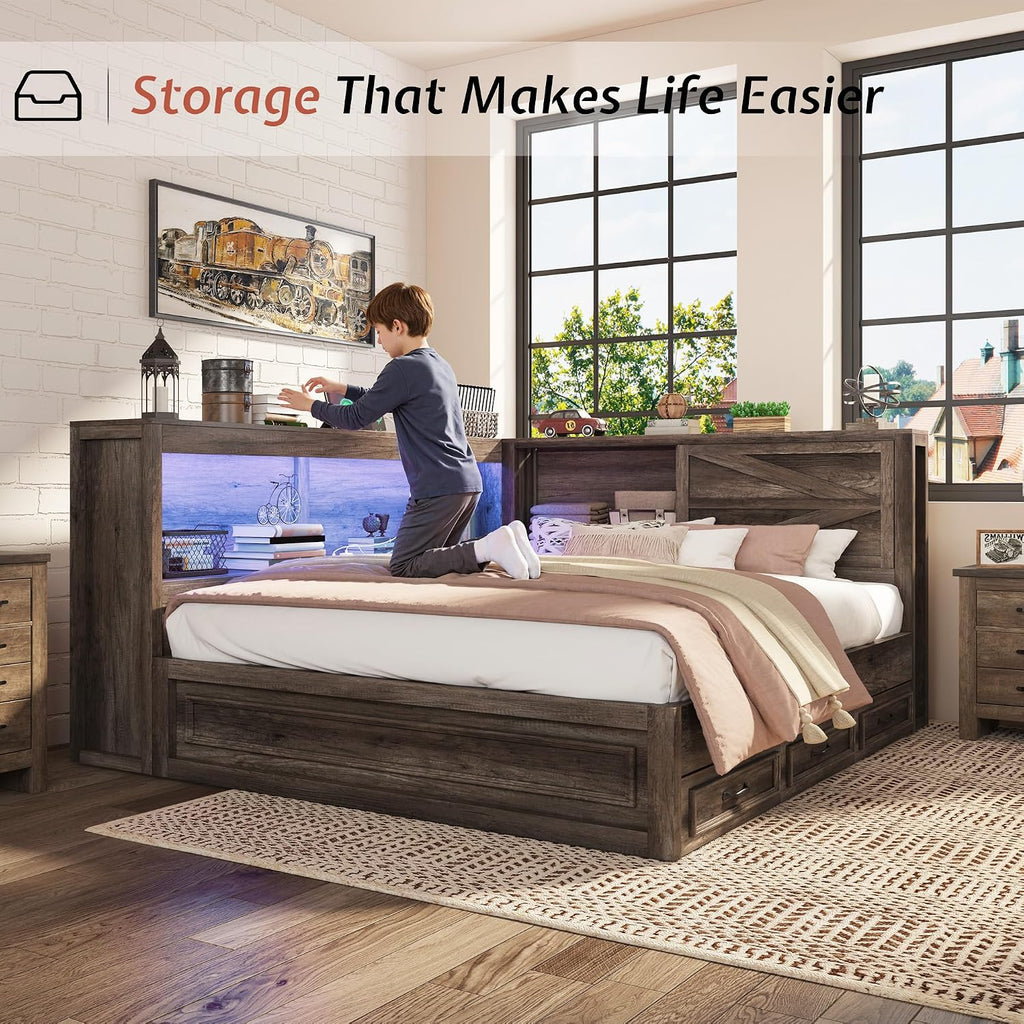 Gray Corner Bed Frame with Bookcase, Drawers & RGB LED Lights