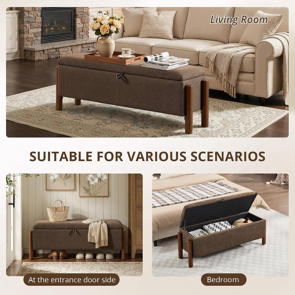 Brown Fabric Storage Ottoman Bench with Walnut Legs