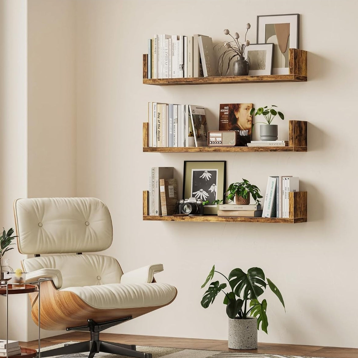 Rustic‑Brown U‑Shaped Floating Wall Bookshelves Set of 3